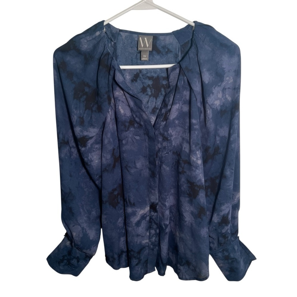 Worthington Women's Size Petite Medium Button Down Blouse Navy Blue Tie Dye Puff